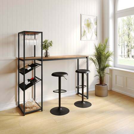 FLASH FURNITURE Jura Metal Bar and Wine Table w/2 Slanted Shelves for Bottle Storage and Hanging Glass, Black Frame NAN-F-HY-B23102-BLKBRN-GG